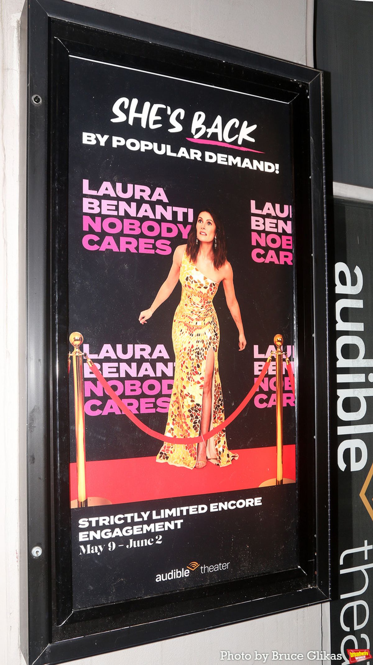 Signage for Audible's Laura Benanti Nobody Cares' at The Minetta Lane Theatre at 
