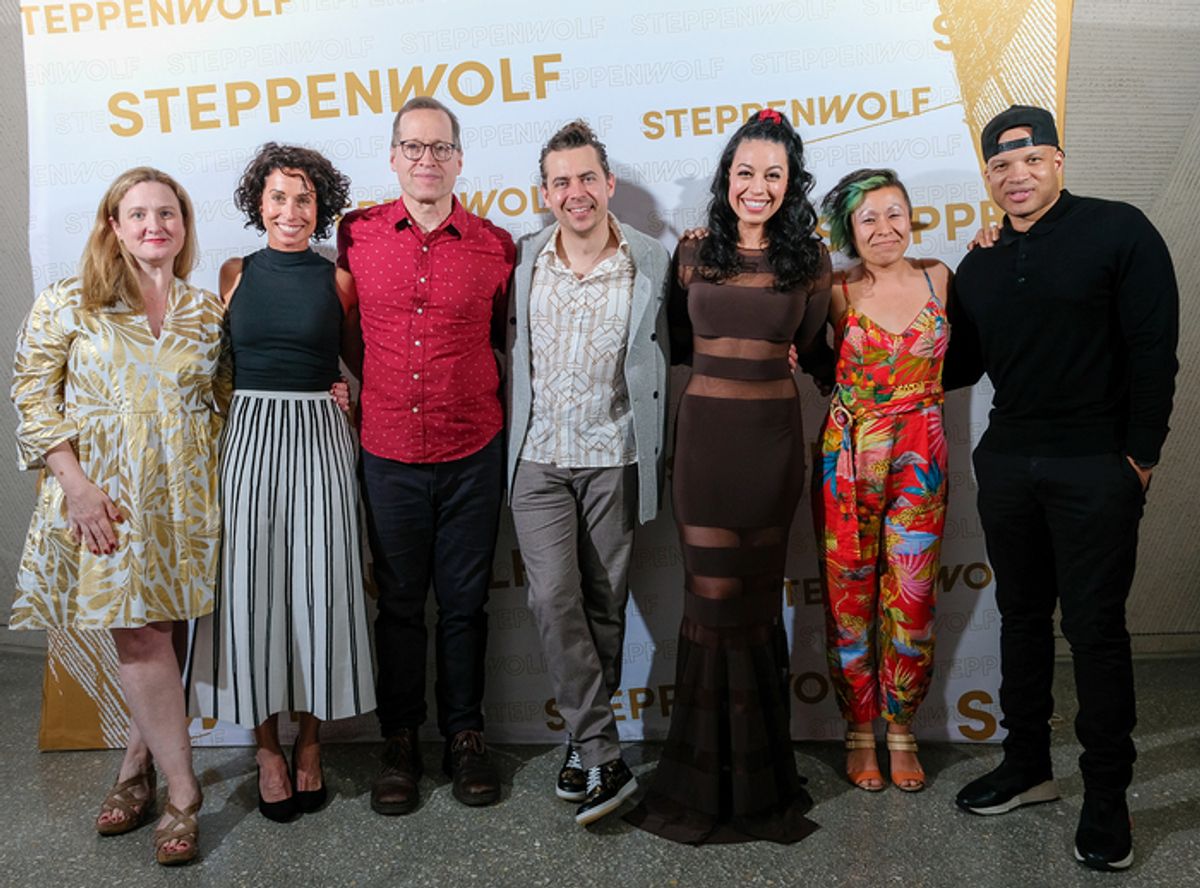 Steppenwolf Executive Director Brooke Flanagan, The Thanksgiving Play cast members Audrey Francis, Tim Hopper, Nate Santana and Paloma Nozicka, Director Jess McLeod and Steppenwolf Artistic Director Glenn Davis at 