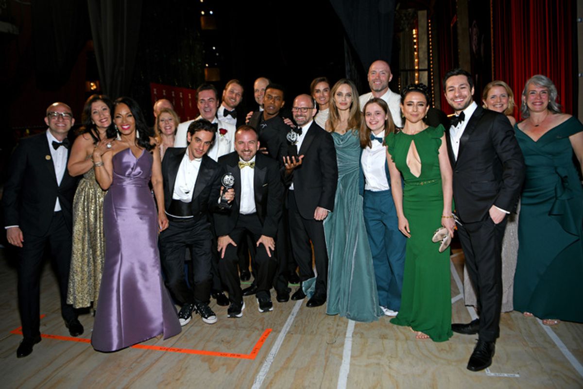 Debra Martin Chase, Justin Levine, Zach Chance, Joshua Boone, Matthew Rego, Angelina Jolie, Vivienne Jolie, Danya Taymor, Jeff Kuperman, and The Outsiders cast at 