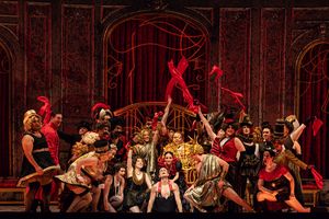 Front center Nicholas Sipes (Dancer), Emily Carea (Dancer), the Santa Fe Opera chorus, photo by Curtis Brown for the Santa Fe Opera @ BroadwayWorld Front center Nicholas Sipes (Dancer), Emily Carea (Dancer), the Santa Fe Opera chorus Photo