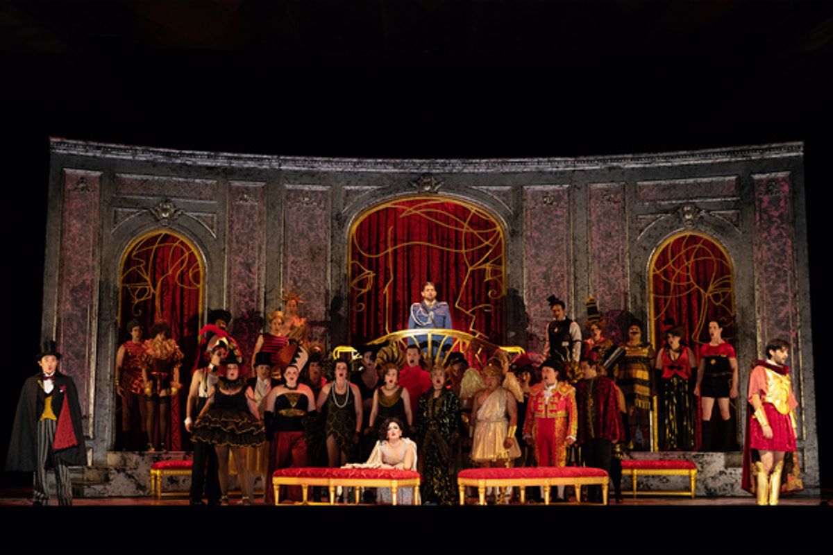 The Santa Fe Opera Chorus; back center Alfredo Daza (Giorgio Germont), front left Sejin Park, (Baron Douphol), center front Mane? Galoyan (Violetta), front right Bekhzod Davronov (Alfredo Germont), ph at 
