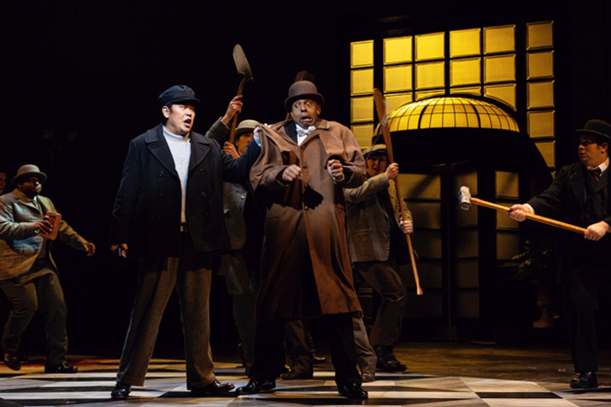 L - R William Guanbo Su (Masetto), Ryan Speedo Green (Don Giovanni), the Santa Fe Opera Chorus, photo by Curtis Brown for the Santa Fe Opera at 