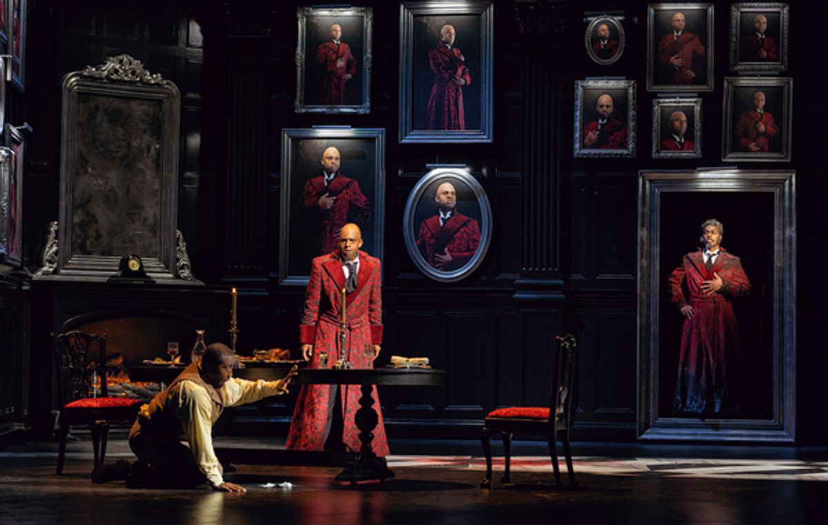 L - R Nicholas Newton (Leporello), Ryan Speedo Green (Don Giovanni), Soloman Howard (Il Commendatore), photo by Curtis Brown for the Santa Fe Opera at 