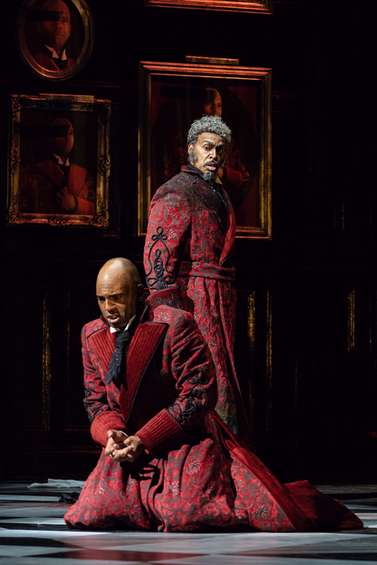 Back center Soloman Howard (Il Commendatore); Front center Ryan Speedo Green (Don Giovanni), photo by Curtis Brown for the Santa Fe Opera at 