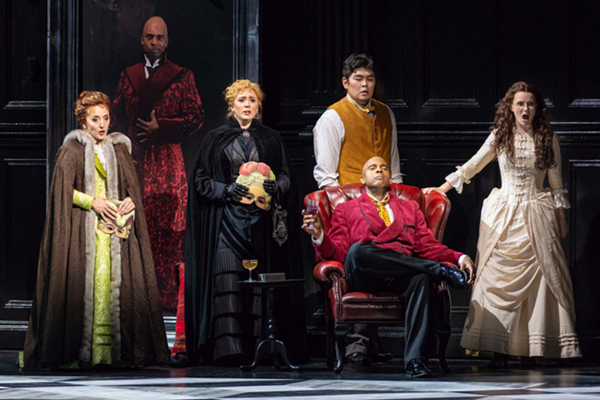 L - R Rachel Wilson (Donna Elvira), Rachel Fitzgerald (Donna Anna), William Guanbo Su (Masetto), Liv Redpath (Zerlina); Center Ryan Speedo Green (Don Giovanni), photo by Curtis Brown for the Santa Fe  at 