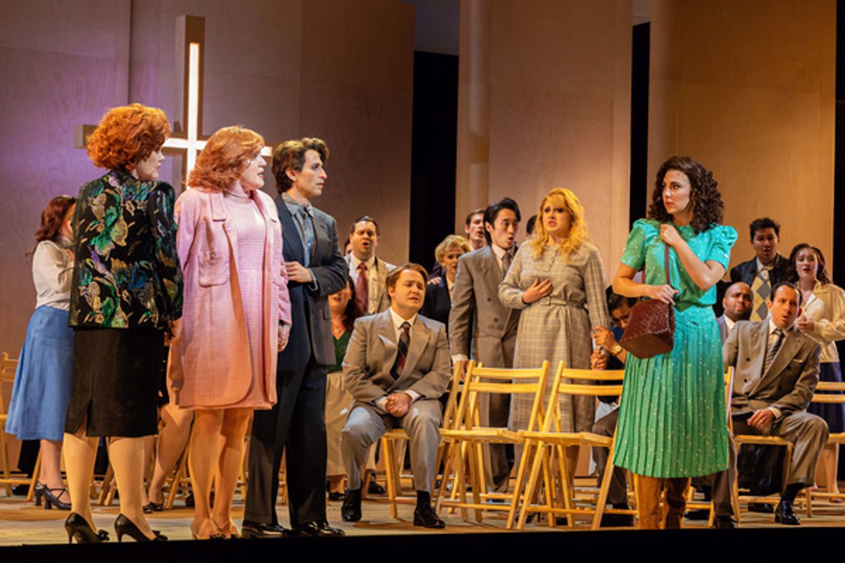 L - R: Wendy Bryn Harmer (Marilyn), Jennifer Johnson Cano (Michele), Anthony Roth Costanzo (Jonathan), Elena Villalo?n (Sheila), the Santa Fe Opera Chorus, photo by Curtis Brown for the Santa Fe Opera at 