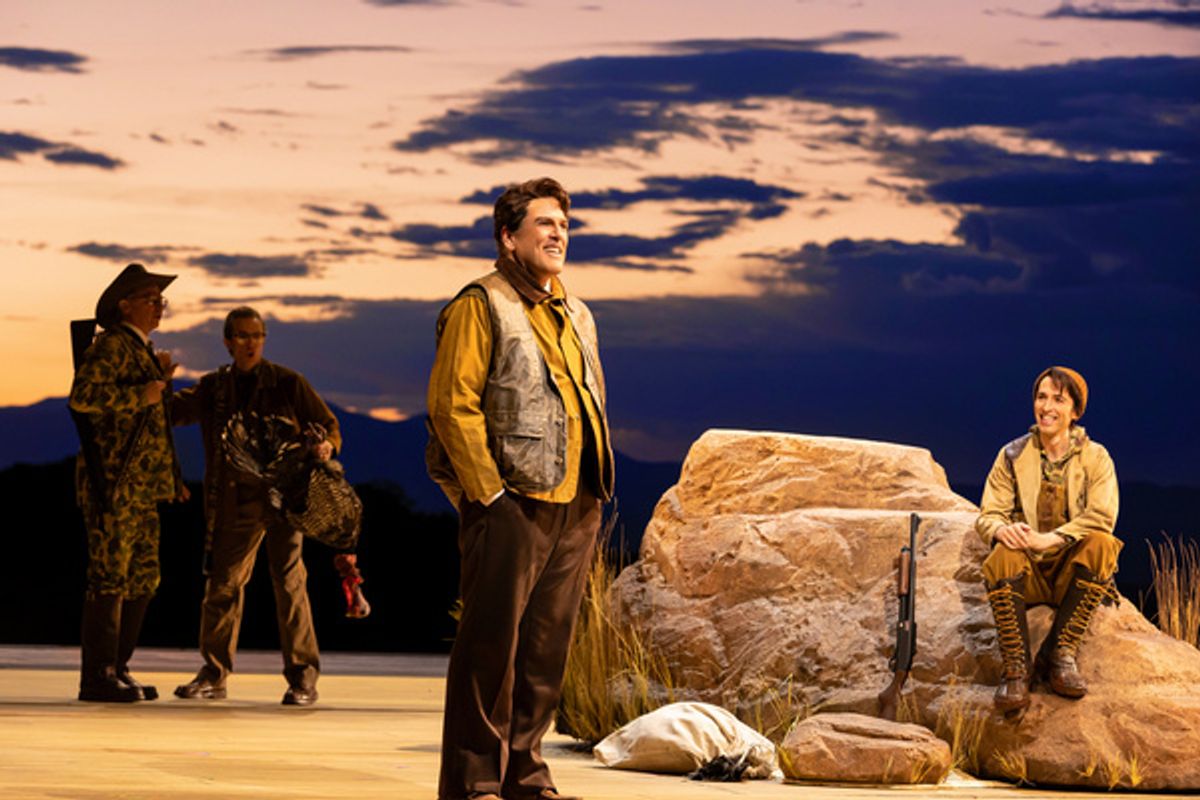 Center: Michael Mayes (David), back L - R Greer Grimsley (Paul), Brenton Ryan (CM), Anthony Roth Costanzo (Jonathan), photo by Curtis Brown for the Santa Fe Opera at 