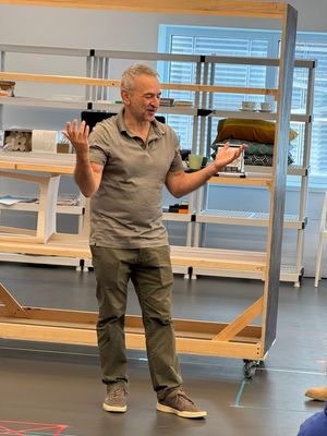 Playwright Joe DiPietro address the cast and creative team of Babbitt. Photo