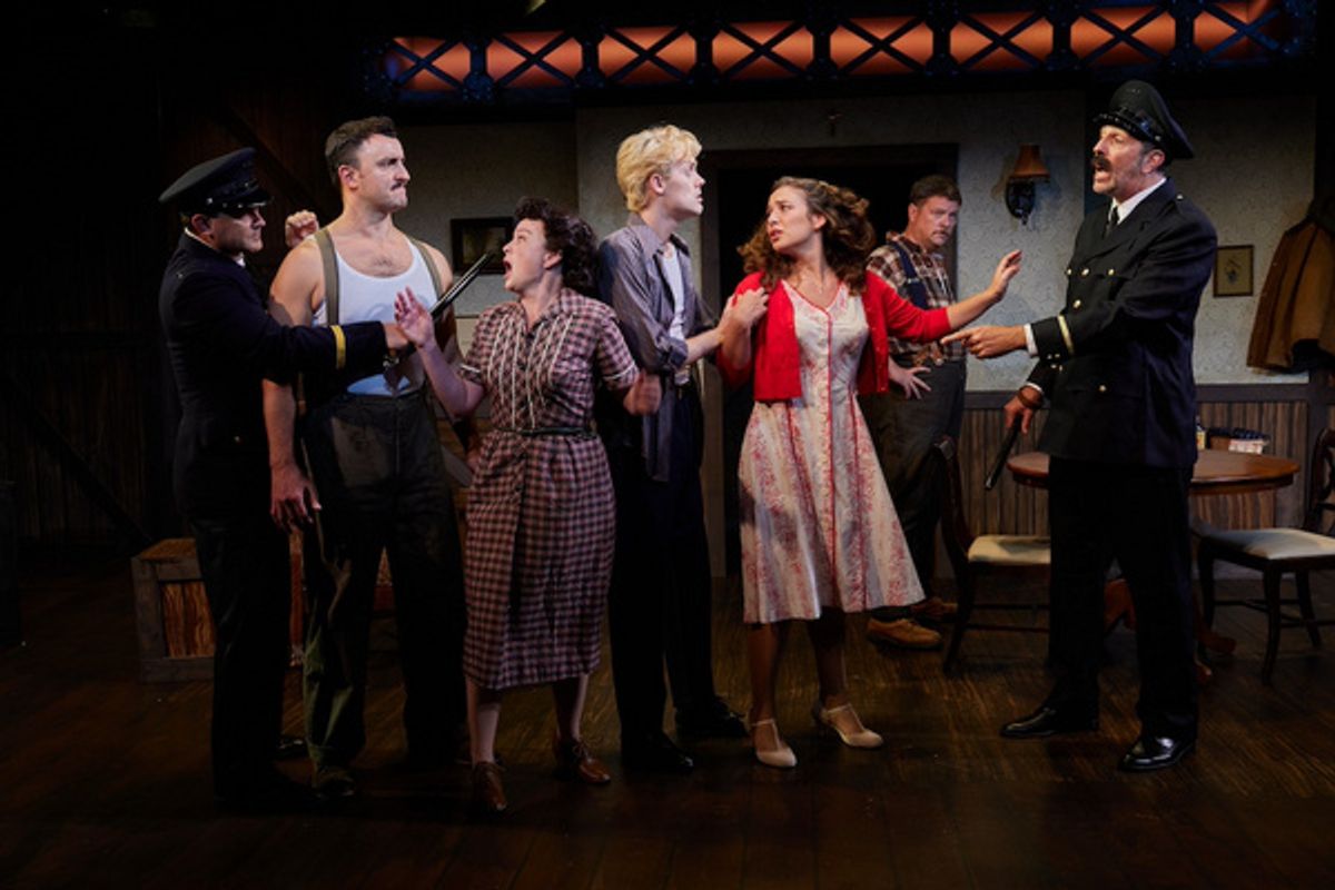 (L-R) Steve Froehlich, Lowell Byers, Margot White, Coby Rogers, Marie Zolezzim Matthew Salazar-Thompson_ Back Richard Baird - photo by Aaron Rumley  at 