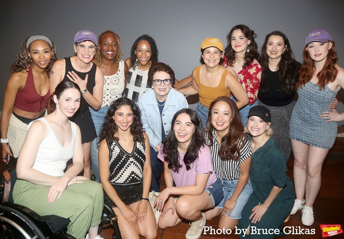 Billie Jean King poses with The Cast of 'Suffs' at 