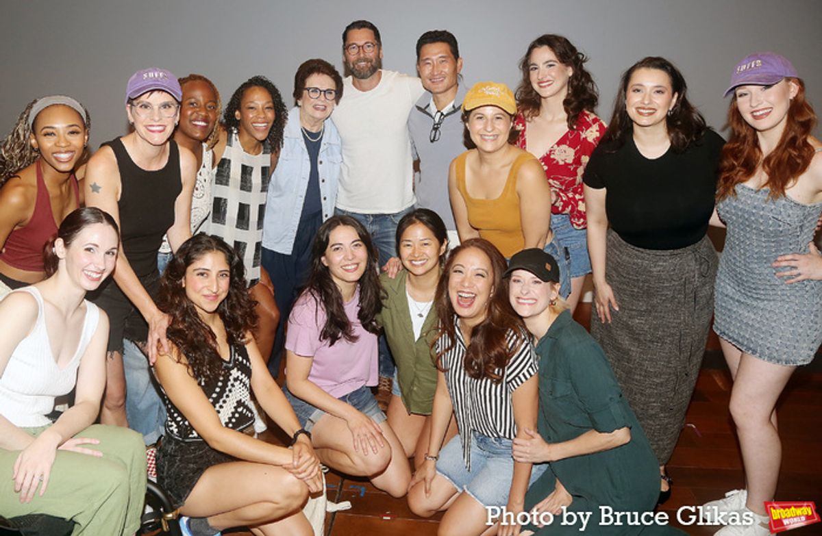 Billie Jean King, Daniel Dae Kim, Ryan Eggold, Shannon Tyo pose with The Cast of 'Suffs' at 
