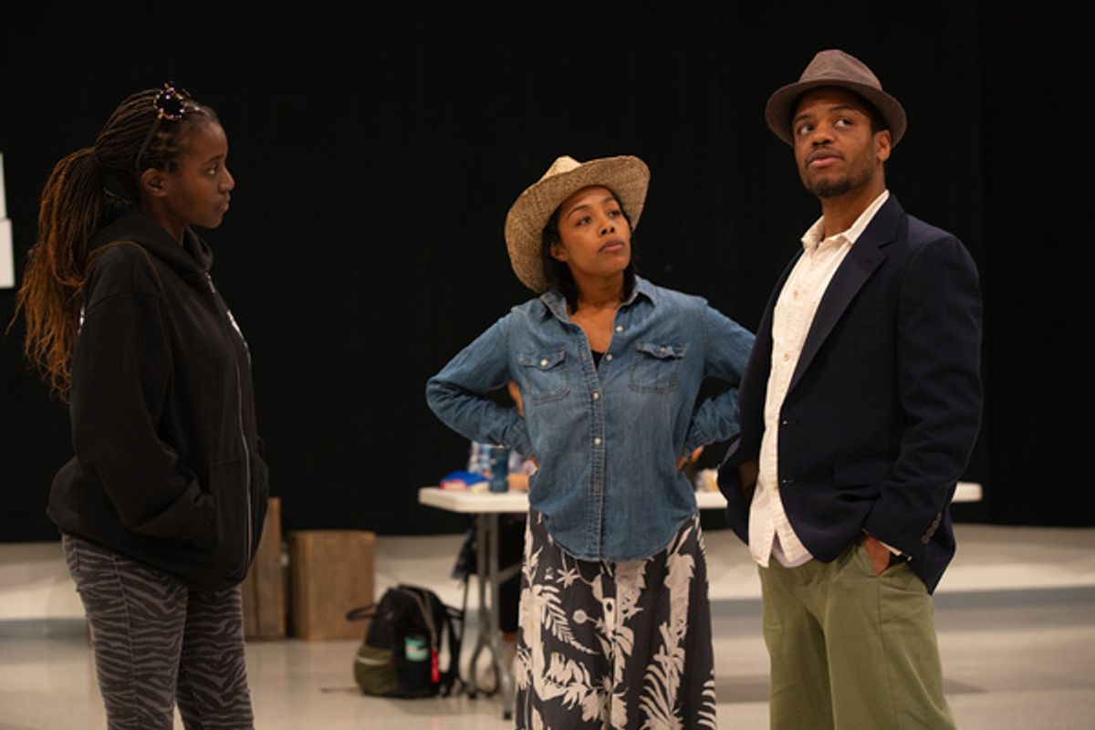 Director Awoye Timpo, Brittany Bradford and ensemble member Jon Michael Hill. Photo by Joel Moorman. at 