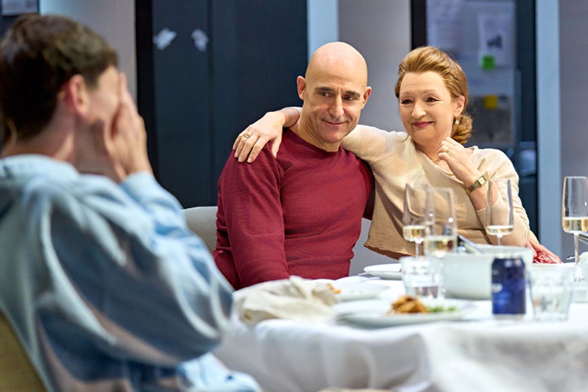 Oedipus. Jordan Scowen (Eteocles), Mark Strong (Oedipus) & Lesley Manville at 