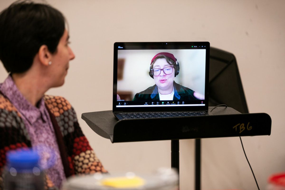 Mercutio Loves Romeo Loves Juliet playwright Gina Femia (left) with sound designer Sam Kaseta on video at first rehearsal at 