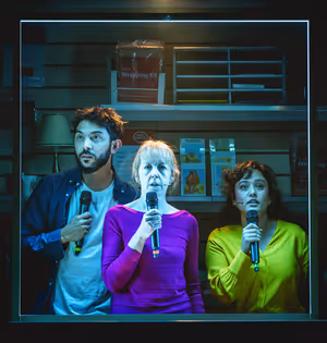 Samuel Gosrani as Mohandas, Victoria Brazier as Elsie, and Charlotte Delima as Indira in Make Good. @ BroadwayWorld Samuel Gosrani as Mohandas, Victoria Brazier as Elsie, and Charlotte Delima as Indira Photo