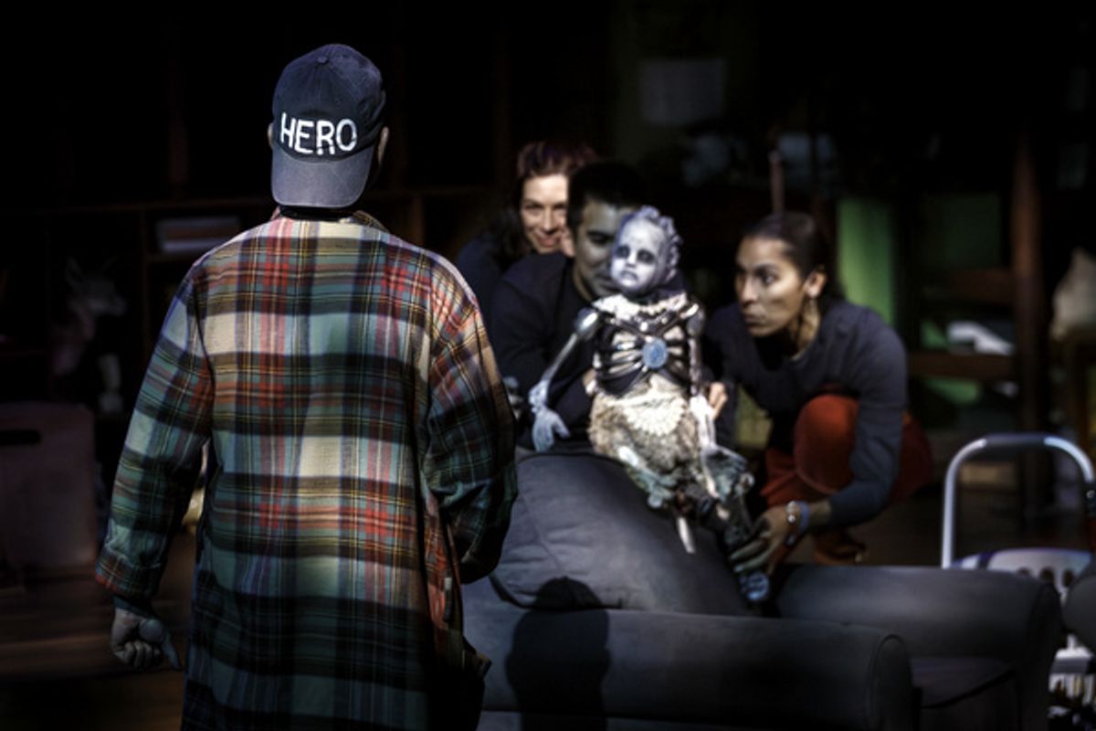 Russell Saylor faces Amy B. Marsalis, Jos  P rez IV, and Shammen McCune as Golum in THE HOBBIT at Pittsburgh Public Theater. Photo by Maranie R. Staab.  at 