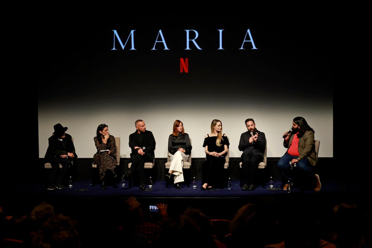 Ed Lachman, Massimo Cantini Parrini, Pamela Goldammer, Angelina Jolie, Pablo Larraín and Siddhant Adlakha at 