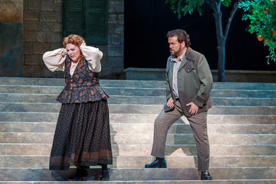 Santuzza (Eve Gigliotti, left) does not want to hear what Turiddu (Rafael Davila) has Photo