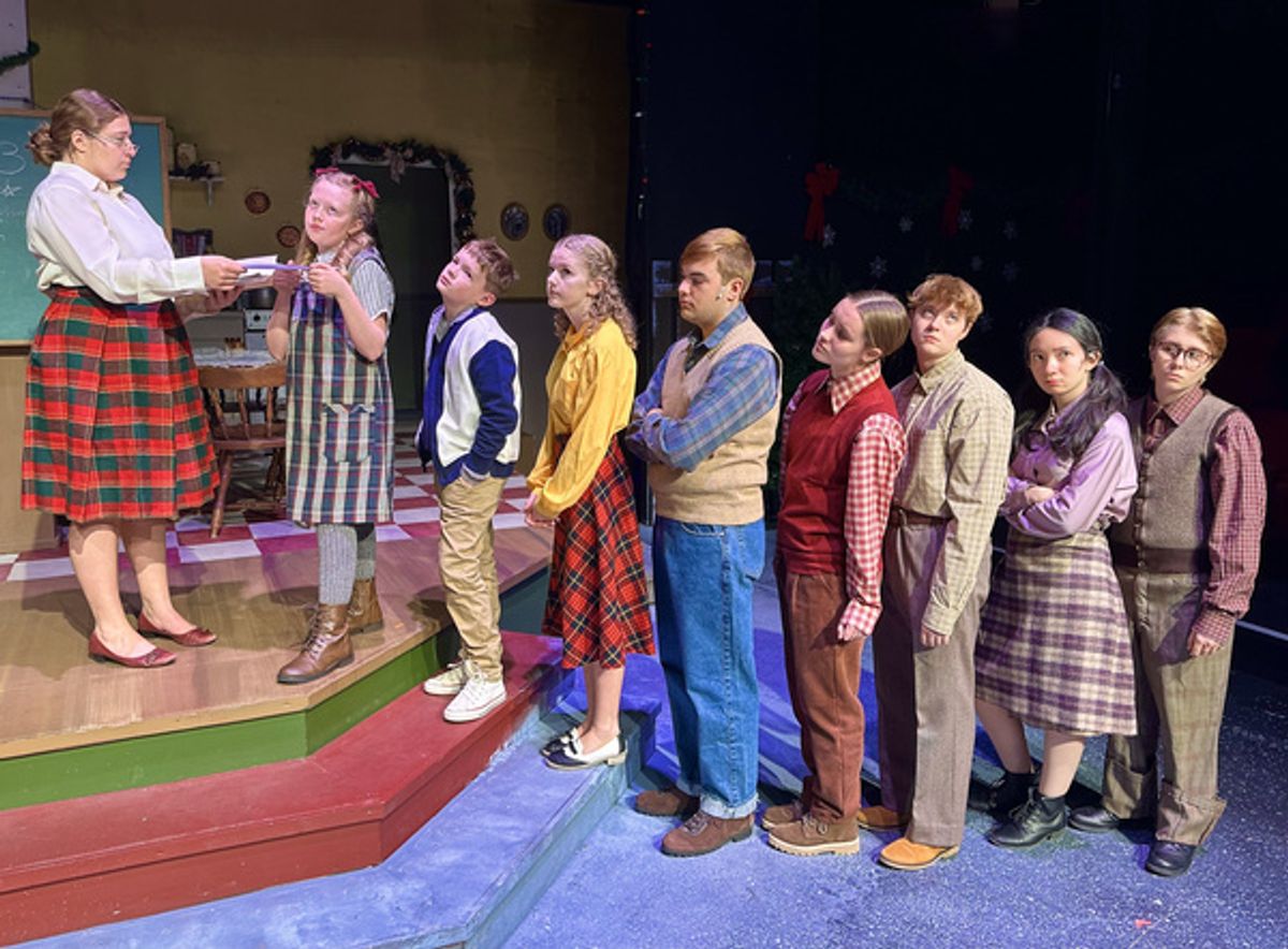 Claire Bowman, Sawyer Hanna, Michael Ford, Lexie Bowman, Connor Kleckner, Claire Walker, Thomas Geyer, Kat Farrall, and Seth Geyer at Photos: A CHRISTMAS STORY Lights Up Millbrook Playhouse