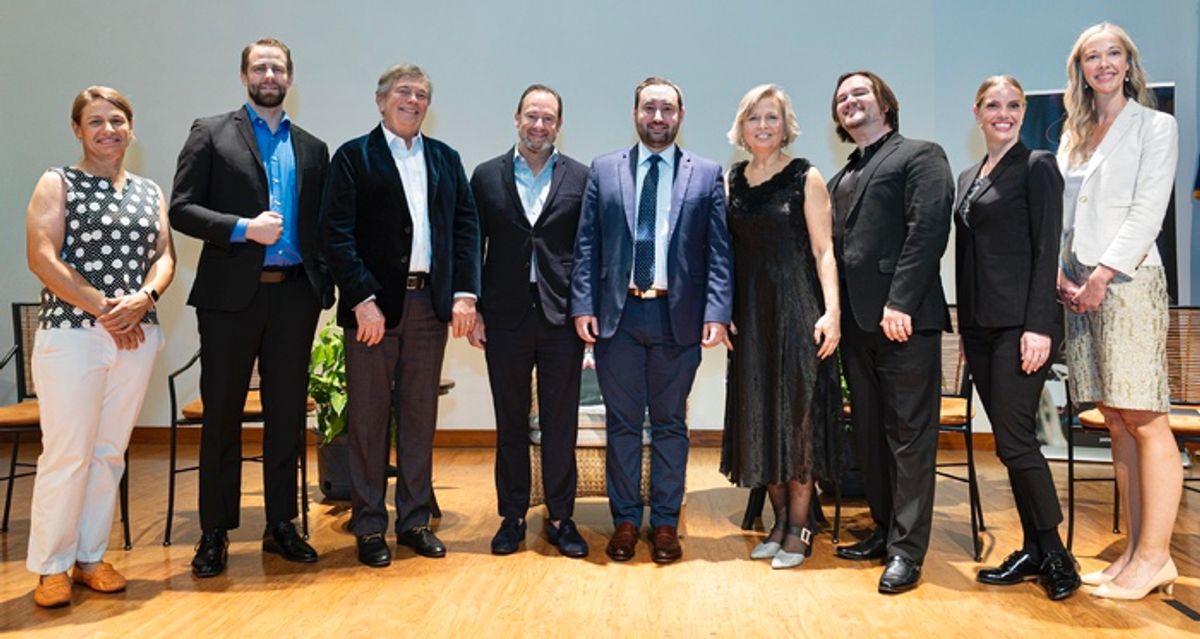 Heather Young, Head Coach Women’s Golf FAU; Lucas Sanchez, Principal Timpani, Palm Beach Symphony; Maestro Gerard Schwarz, Music Director, Palm Beach Symphony; David McClymont, CEO, Palm Beach Symphony; Matt Cooperman, Event Moderator, Guest Conductor Palm Beach Symphony; Dr. Irena Kofman, Dir. Keyboard Studies FAU, Faculty Cremona Music Academy, Italy, Fulbright Senior Scholar; Dr. Mitchell Hutchings, Dir. FAU Opera Theater, Founder FAU Opera in Italy; Dr. Kathleen L. Davenport, HSS Performing Arts, Sports and Dance Medicine; and Tara McCoy, HSS Florida CEO at 