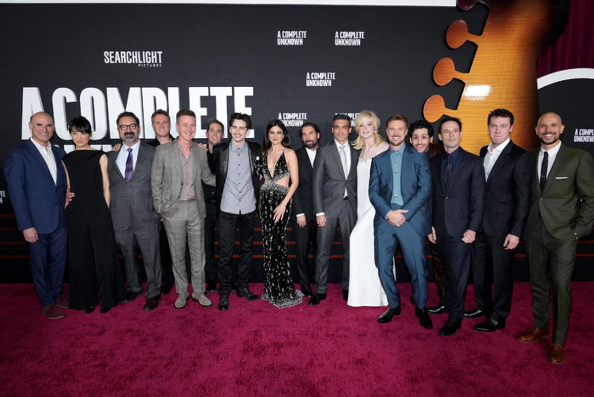 Matthew Greenfield, Eriko Hatsune, James Mangold, Edward Norton, Timothée Chalamet, Monica Barbaro, Alex Heineman, Elle Fanning, Boyd Holbrook, Nick Pupo, Scoot McNairy, Will Harrison, Fred Berger and guests at 