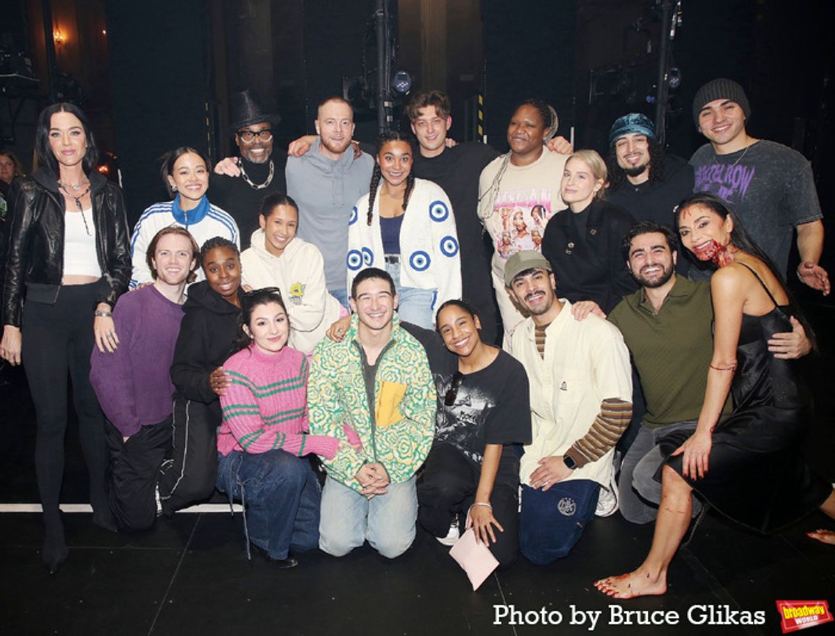 Katy Perry, Billy Porter and Meghan Trainor pose with Nicole Scherzinger Tom Francis, Grace Hodgett Young, David Thaxton and The Cast  of 'Sunset Boulevard' at 