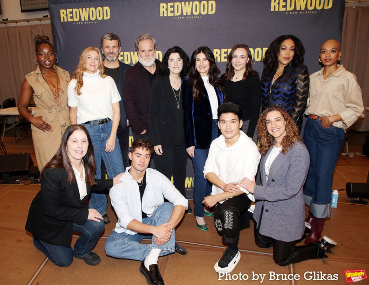 (L-R Back row) Veronica Otim, Jessica Phillips, Bradley Dean, Michael Park, Director/Writer/Lyricist Tina Landau, Idina Menzel, Composer Kate Diaz, De’adre Aziza, Khaila Wilcoxon (L-R Front row) Producer Caroline Kaplan, Daniel Brackett, Zachary Noah Piser and Producer Eva Price at 