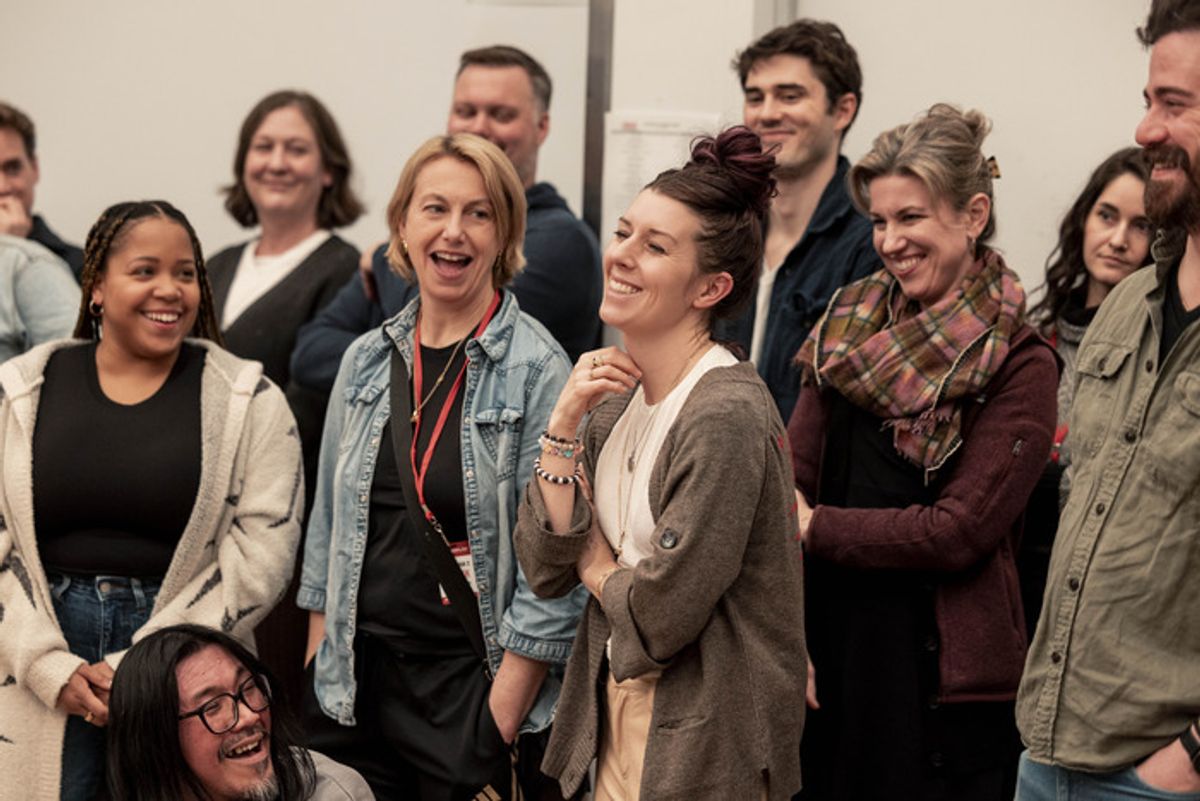 Playwright Kate Trefry (center) with the company  at 