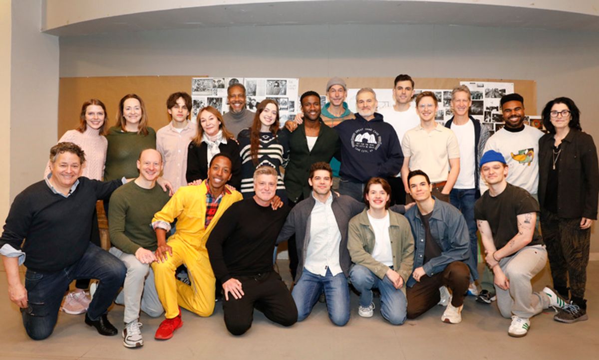 The cast with Adam Guetel and Tina Landau  at 