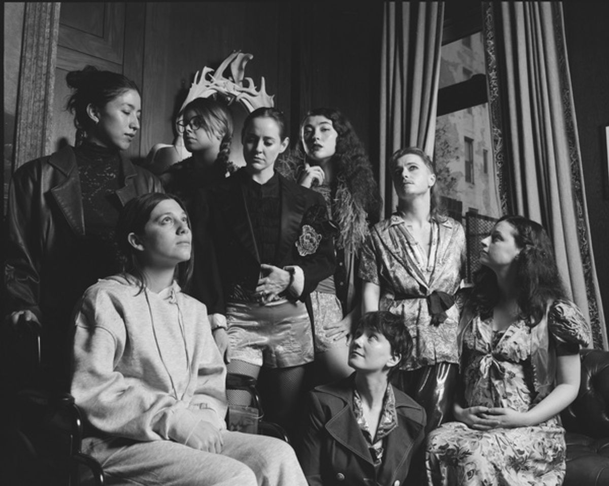 From left: Kim Savarino, Gabrielle Carrubba, Michelle Moriarty, Nicole Chaffin, Violet Savage, Erin Noll, Gagarin, and Lauren Guglielmello in rehearsal for Fefu and Her Friends directed by Sophie Dush at 