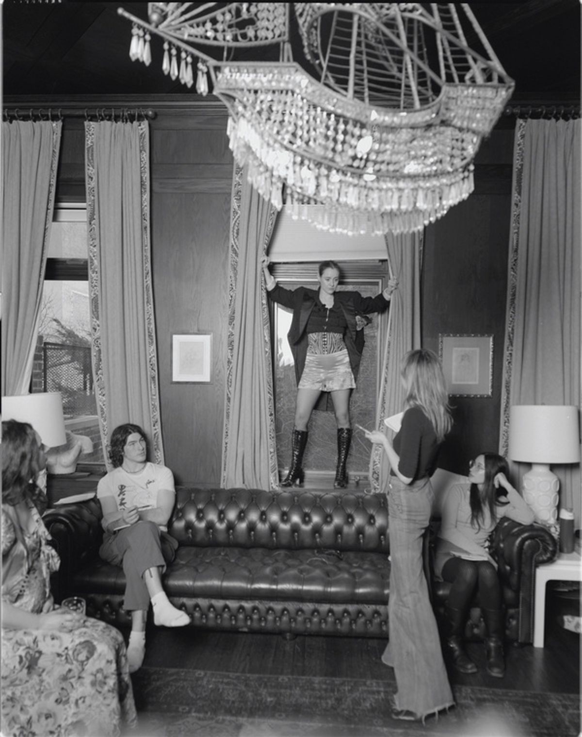 From left: Lauren Guglielmello, Henry Mont, Nicole Chaffin, Sophie Dushko, and Stella Gatti in rehearsal for Fefu and Her Friends photographed by Rosemary Haynes at 