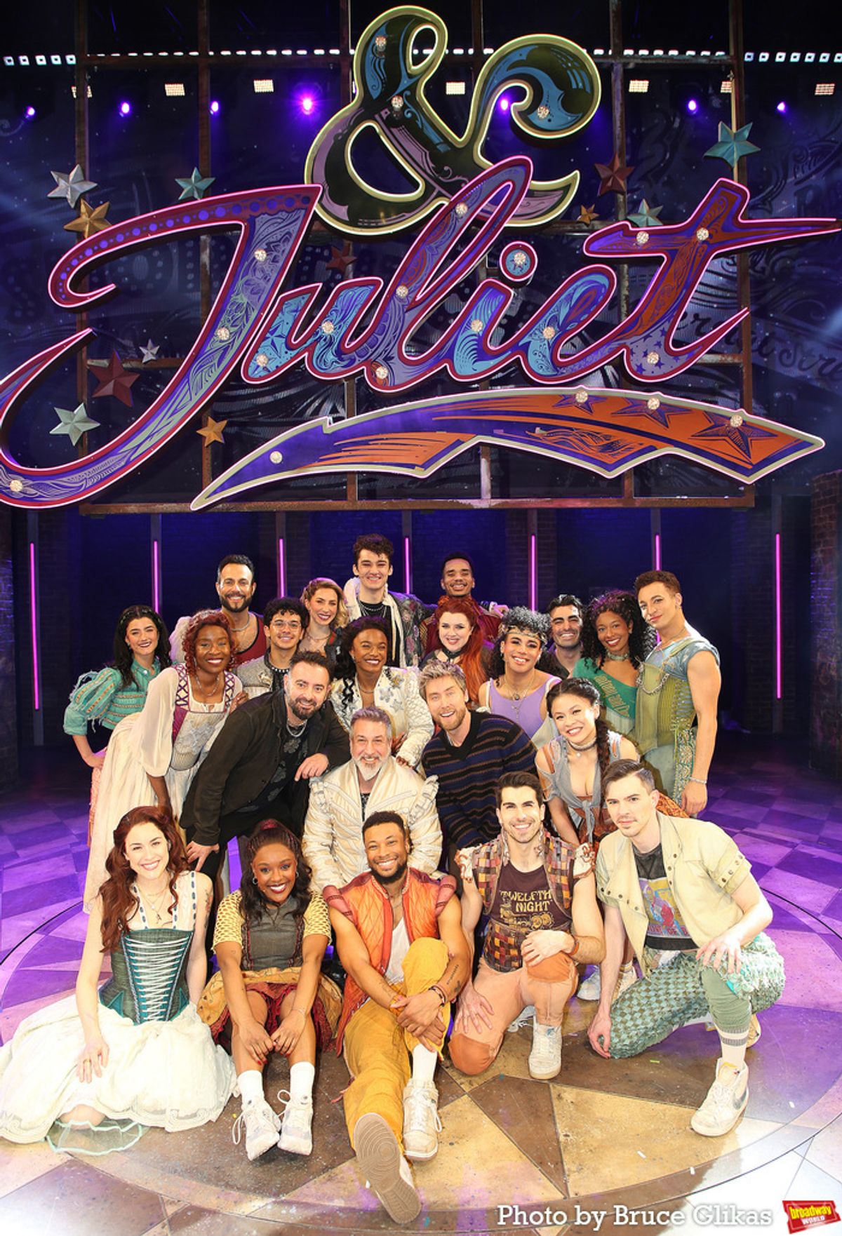 Chris Kirkpatrick and Lance Bass pose with Joey Fatone and The Cast of '&Juliet' on Broadway at 