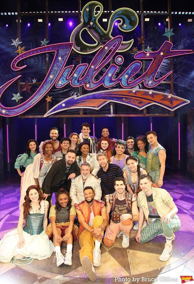 Chris Kirkpatrick and Lance Bass pose with Joey Fatone and The Cast of "&Juliet" on B Photo