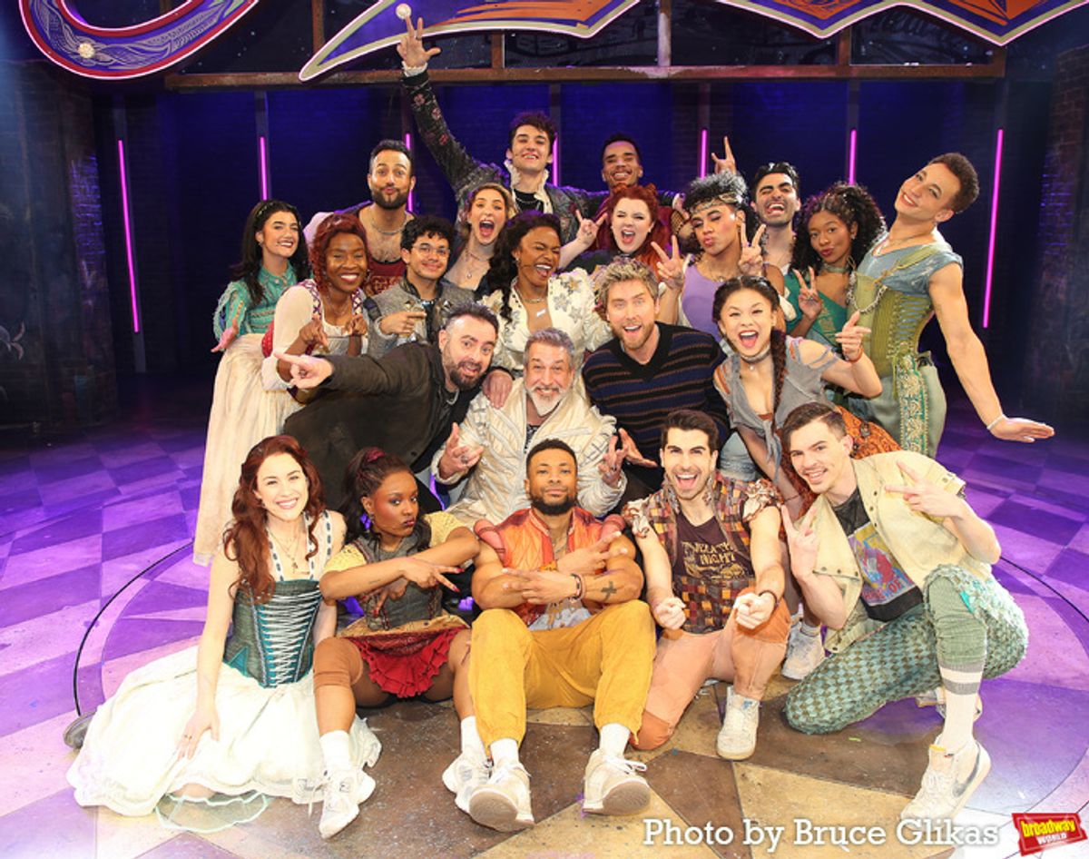 Chris Kirkpatrick and Lance Bass pose with Joey Fatone and The Cast of '&Juliet' on Broadway at 