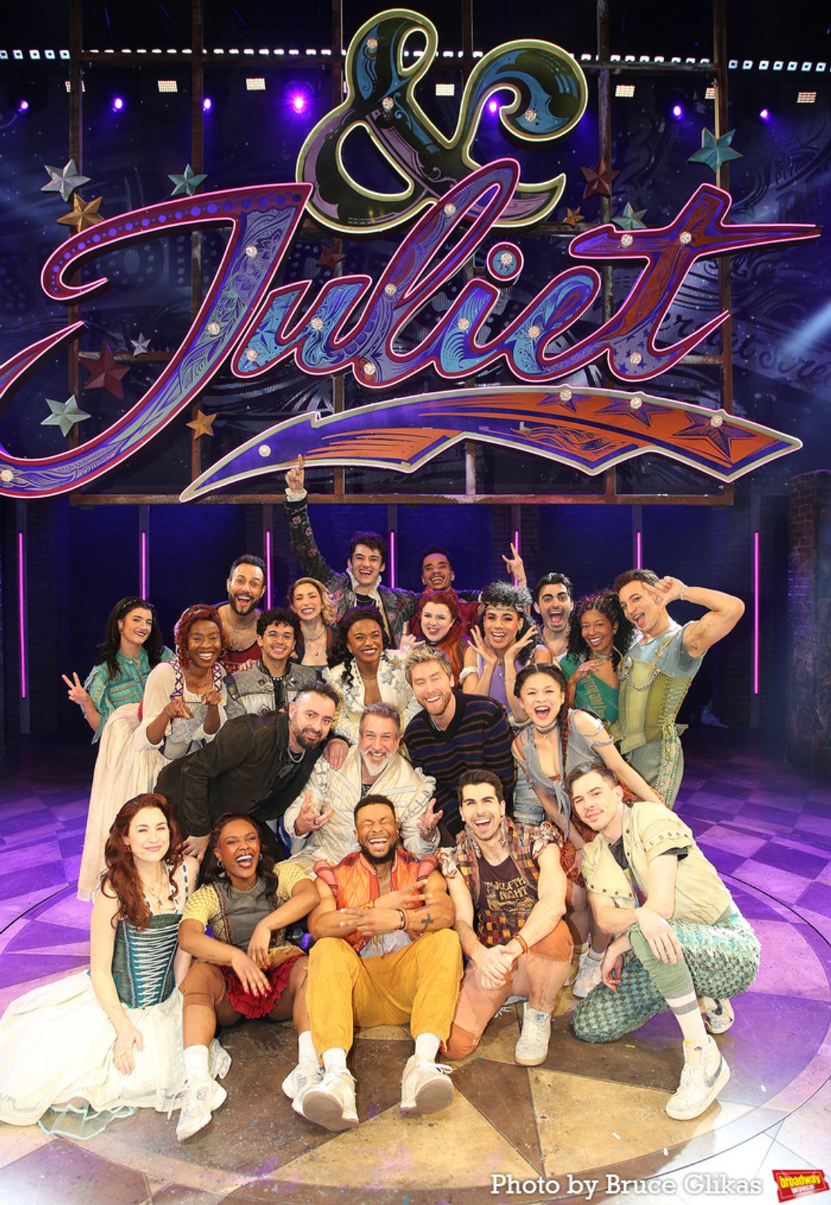Chris Kirkpatrick and Lance Bass pose with Joey Fatone and The Cast of '&Juliet' on Broadway at 