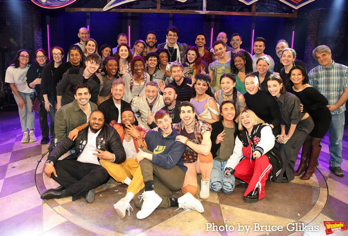 Chris Kirkpatrick and Lance Bass pose with Joey Fatone and The Cast & Company of '&Juliet' on Broadway at 