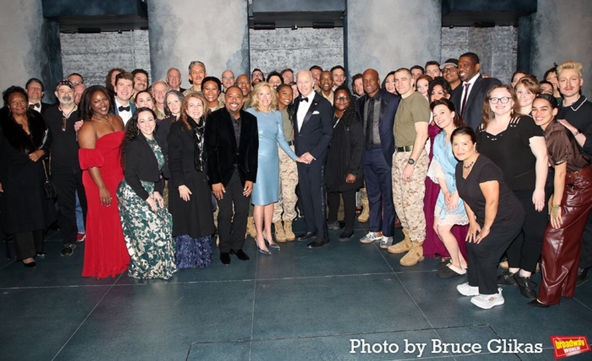 President Joe Biden, Dr. Jill Biden pose with Denzel Washington, Jake Gyllenhaal, Andrew Burnap, Molly Osbourne, Kimber Elayne Sprawl, Director Kenny Leon and The Company of 'Othello' on Broadway at 