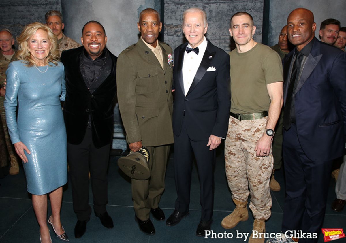 Dr. Jill Biden, Producer Brian Moreland, Denzel Washington, President Joe Biden, Jake Gyllenhaal and Director Kenny Leon at 