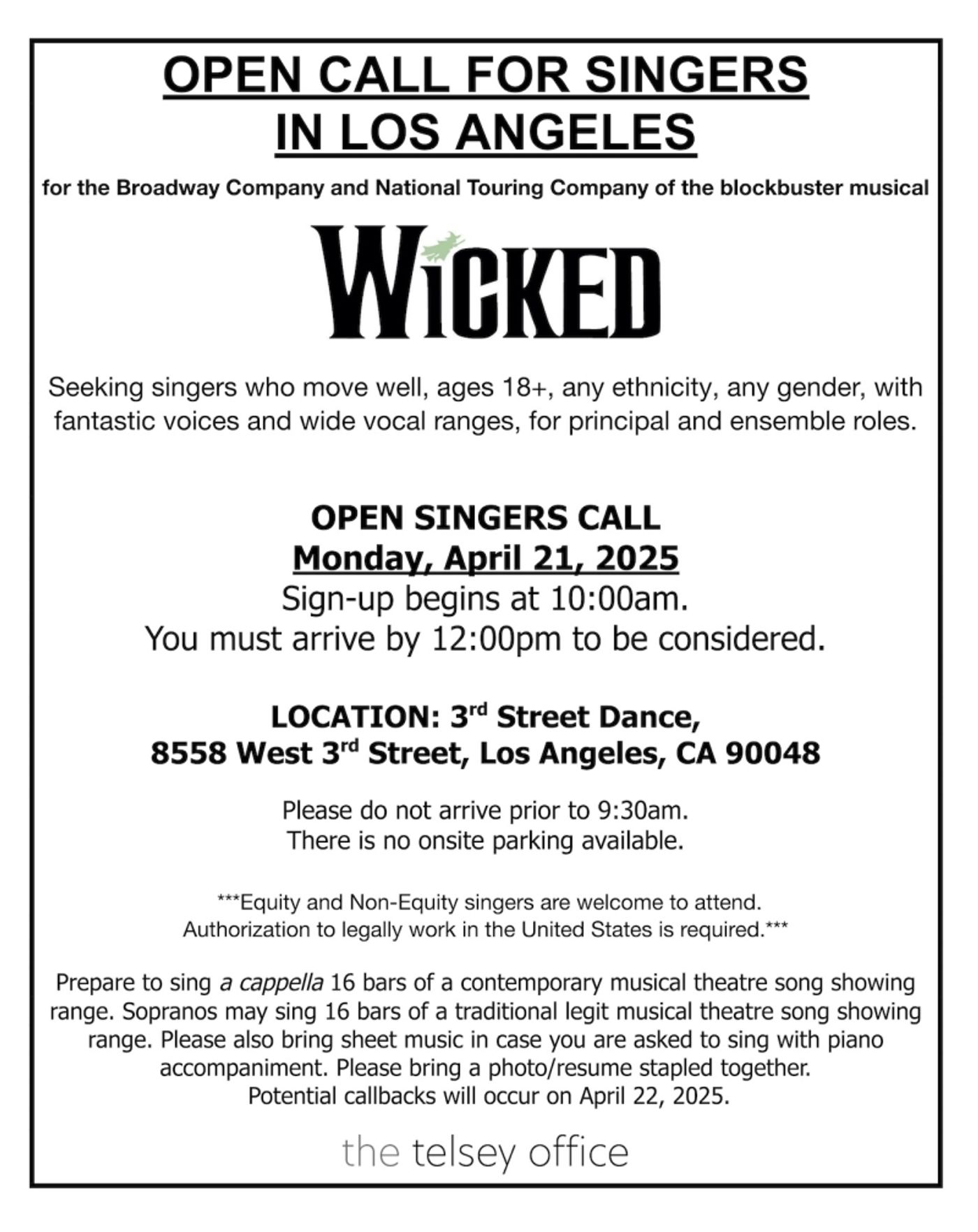 WICKED Will Hold LA Open Call for Broadway & Tour Companies WICKED Will Hold LA Open Call for Broadway & Tour Companies Image