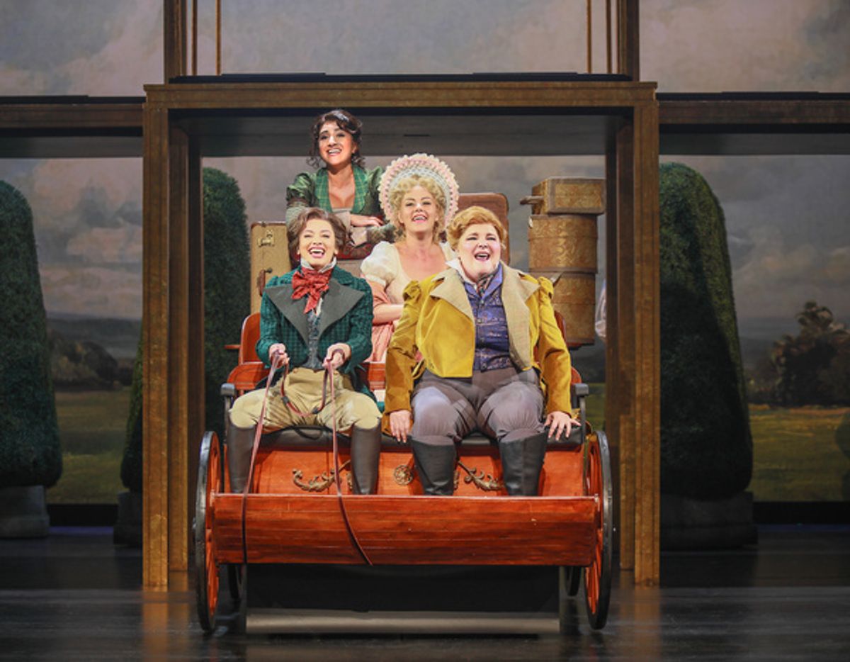 clockwise from top left) Krystina Alabado as Dabney, Kate Rockwell as Jane, Ryann Redmond as Petunia, and Isabelle McCalla as Elinor in Regency Girls, 2025. Photo by Jim Cox. at 