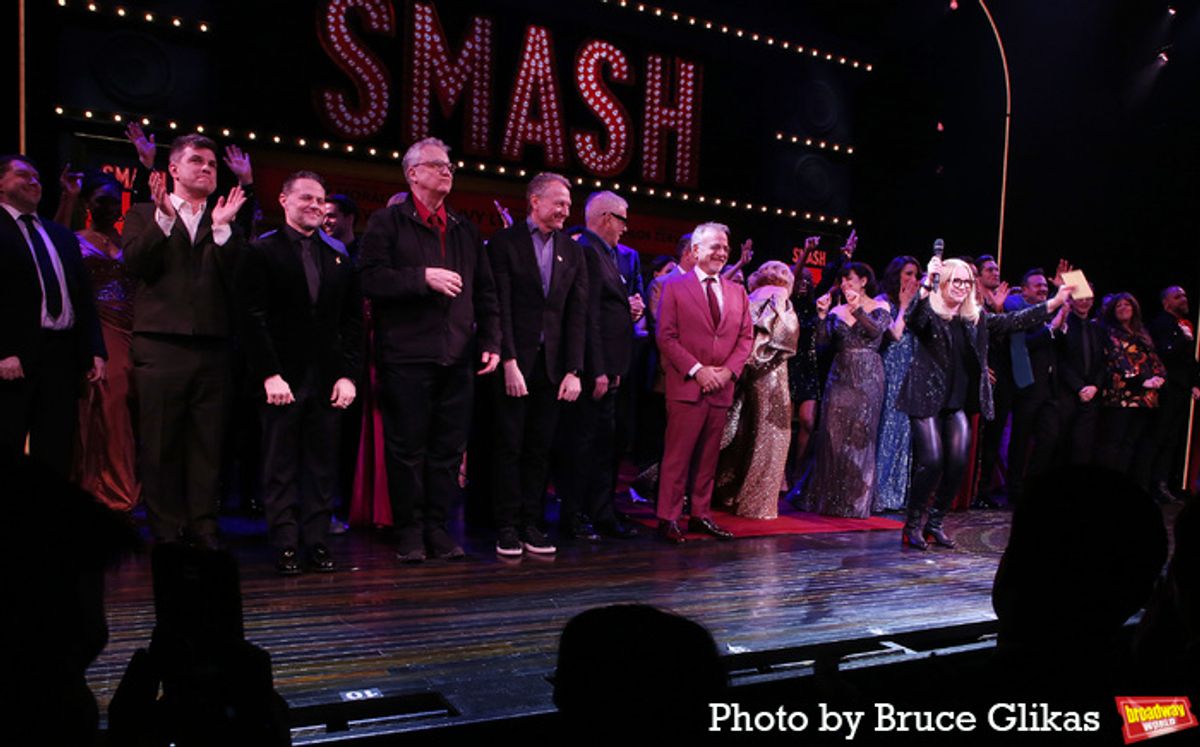 Stephen Oremus, Joshua Bergasse, Rick Elice, Bob Martin, Scott Wittman, Marc Shaiman. Susan Stroman and The Company of ''Smash'' at 