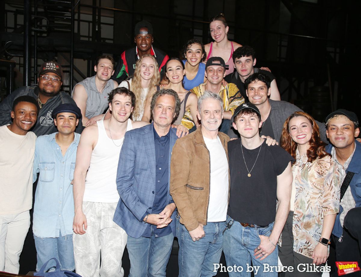 C. Thomas Howell and Darren Dalton pose with the cast backstage at 'The Outsiders: A New Musical' at 