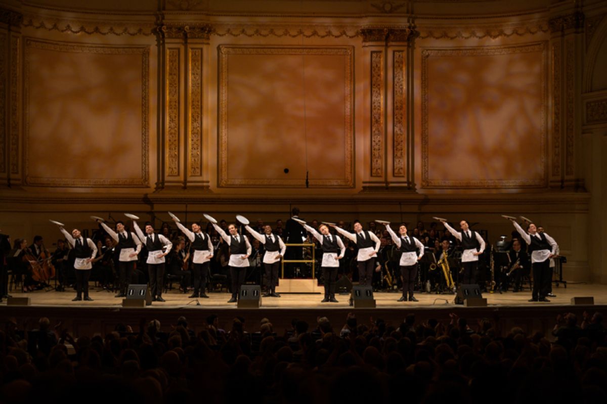 The men of the Hello, Dolly! Dance Ensemble (Mike Baerga, Tyler Johnson-Campion, Jake Corcoran, TJ Kubler, Greg Liles, Nick Nazzaro, Andrew Nelin, Tanner Pflueger, Tyler Sparacio, Michael Anthony Sylvester, Matthew Varvar, Matt Wiercinski) in “The Waiter’s Gallop”
 at 