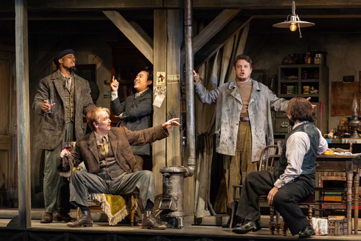 L - R: Soloman Howard (Colline), Kevin Burdette (Beno t), Long Long (Rodolfo), Szymon Mechli?ski (Marcello), Efra n Sol s (Schaunard), photo by Curtis Brown for the Santa Fe Opera at 
