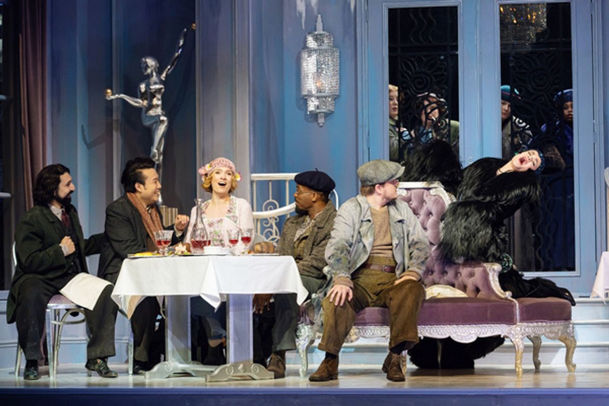 L - R: Efra n Sol s (Schaunard), Long Long (Rodolfo), Sylvia D?Eramo (Mim ), Soloman Howard (Colline), Szymon Mechli?ski (Marcello), Emma Marhefka (Musetta), photo by Curtis Brown for the Santa Fe Ope at 