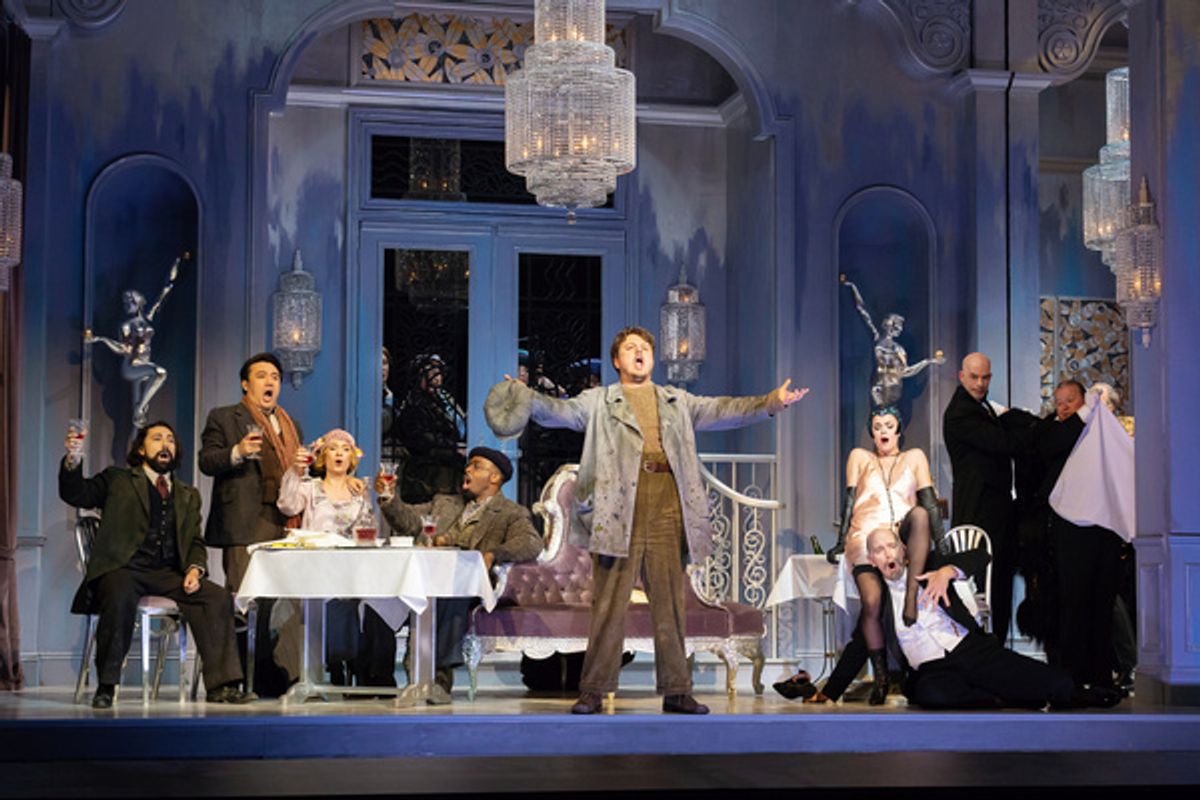 L - R: Efra n Sol s (Schaunard), Long Long (Rodolfo), Sylvia D?Eramo (Mim ), Soloman Howard (Colline), Szymon Mechli?ski (Marcello), Emma Marhefka (Musetta) Kevin Burdette (Alcindoro), photo by Curtis at 