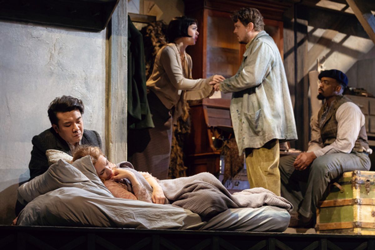 Long Long (Rodolfo), Sylvia D?Eramo (Mim ), Back L - R: Emma Marhefka (Musetta), Szymon Mechli?ski (Marcello), Soloman Howard (Colline), photo by Curtis Brown for the Santa Fe Opera at 