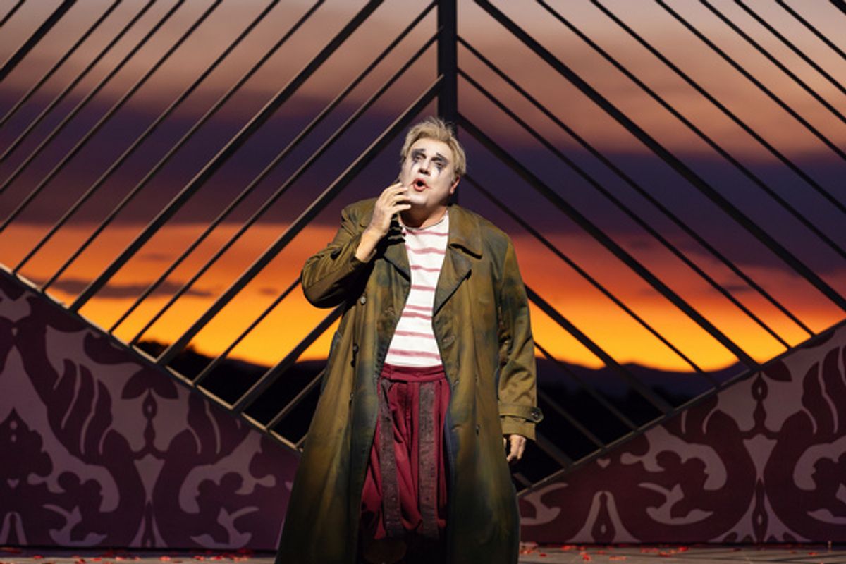 Michael Chioldi (Rigoletto), the Santa Fe Opera Chorus, photo by Curtis Brown for the Santa Fe Opera at 