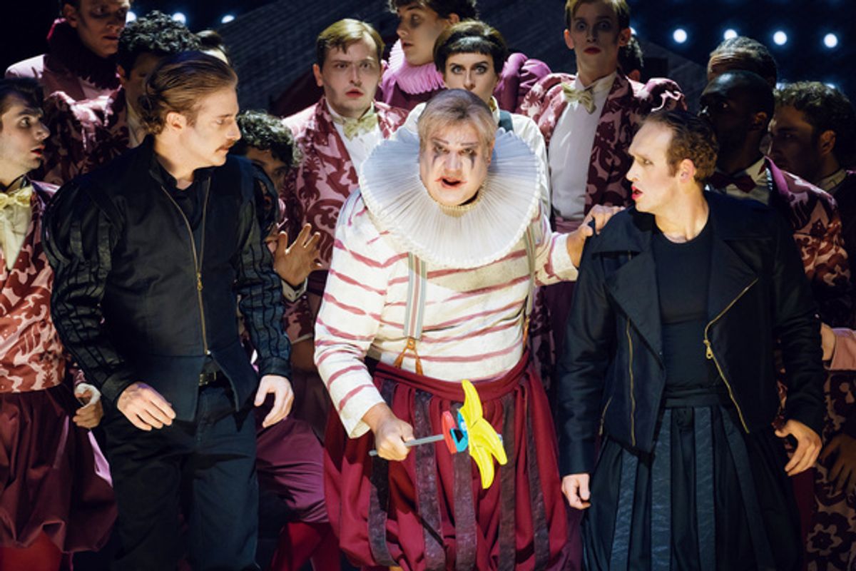 L - R: Ryan Wolfe (Marullo), Michael Chioldi (Rigoletto), Ryan Bryce Johnson (Borsa), the Santa Fe Opera Chorus, photo by Curtis Brown for the Santa Fe Opera at 