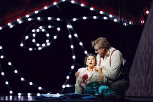 Michael Chioldi (Rigoletto), Elena Villalon (Gilda), photo by Curtis Brown for the Sa Photo